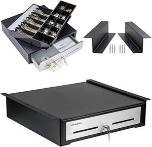 Cash Register Drawer with Under Counter Mounting Metal Bracket- 16? Black/Stainless Steel Front Cash Drawer for POS, Fully Removable 2 Tier Cash Tray 5 Bill 8 Coin Compartment 24V RJ11/RJ1 (FAF500053)