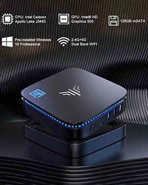 Mini PC Windows 10 Pro, 8GB RAM/128GB SSD Mini Desktop Computer ?ntel Celeron J3455 Processor, Quad Core Micro Computer 4K, Support mSATA, 2.5-inch SSD, 2.4G/ 5.0G WiFi, Gigabit Ethernet, HTPC