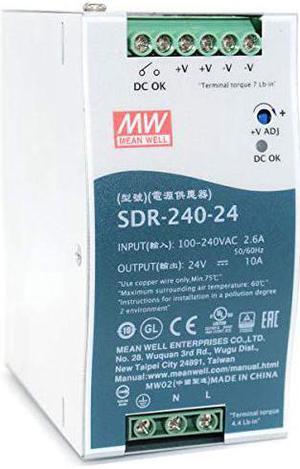 MEAN WELL SDR-240-24 240W 10A 24VDC Single Output DIN Rail Power Supply with PFC Function (SDR Series High Efficiency UL 508 Approved) (SDR-240-24)
