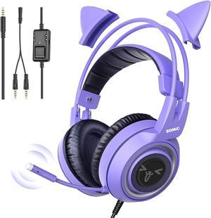 SOMIC G951S Purple Stereo Gaming Headset with Mic for PS4, PS5, Xbox One, PC, Phone, Detachable Cat Ear 3.5MM Noise Reduction Headphones Computer Gaming Headphone Self-Adjusting Gamer H (G951S-Purple)