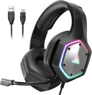 EKSA E1000 V2 Gaming Headset, PC Headset with USB C Plug, Wired Headphones with Noise Canceling Microphone, 7.1 Surround Sound, RGB Light, include USB Adapter for Computer,Mac, PS4/PS5 Console, Laptop