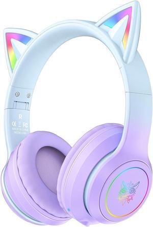 ONITOON Cat Ear Bluetooth Headphones with Micphone for Kids  and  Adults, LED Light Up Wireless HI-FI Sound Quality, Over-Ear Headphones with Volume Control for iPhone/iPad/Laptop/PC(55H Pla (FRKIDD3)