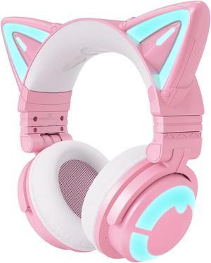 YOWU RGB Cat Ear Headphone 3G Wireless 5.0 Foldable Gaming Pink Headset with 7.1 Surround Sound, Built-in Mic  and  Customizable Lighting and Effect via APP, Type-C Charging Audio Cable -Pink (CAT-3G)
