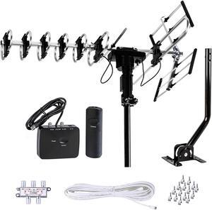 FiveStar Outdoor HD TV Antenna 2019 Newest Model Up To 200 Miles Range with Motorized 360 Degree Rotation, UHF/VHF/FM Radio with Infrared Remote Control Advanced Design With Installation Kit and Jpole