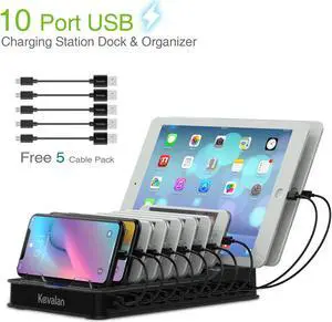 10 Port USB Charging Station Dock & Organizer, Universal Desktop Tablet & Smartphone Multi-Device 10 Port USB Charger Hub with Auto Detect Smart Rapid Charging Technology