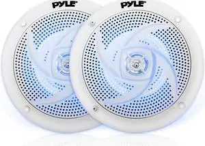 Low-Profile Waterproof Marine Speakers - 240W 6.5 Inch 2 Way 1 Pair Slim Style Waterproof Weather Resistant Outdoor Audio Stereo Sound System w/Blue Illuminating LED Lights - Pyle (White)