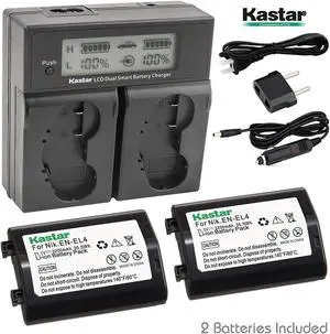 Kastar LCD Dual Smart Fast Charger & Battery (2 PACK) for Nikon EN-EL4, EN-EL4A, ENEL4, ENEL4A and Nikon D2Z, D2H, D2Hs, D2X, D2Xs, D3, D3S, D3X, F6 Camera, Nikon MB-D10, D300, D300S, D700, MB-40 Grip