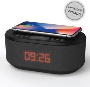 Bedside Radio Alarm Clock with USB Charger, Bluetooth Speaker, QI Wireless Charging, Dual Alarm & Dimmable LED Display (Black)