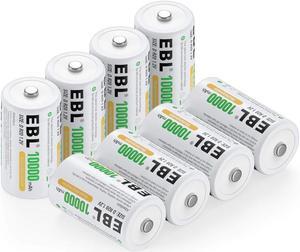 EBL Pack of 8 10000mAh Ni-MH D Cells Rechargeable Batteries, Battery Case Included