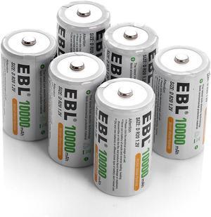EBL D Battery D Size Rechargeable Batteries 10,000mAh Ni-MH, Pack of 6 - ProCyco Technology