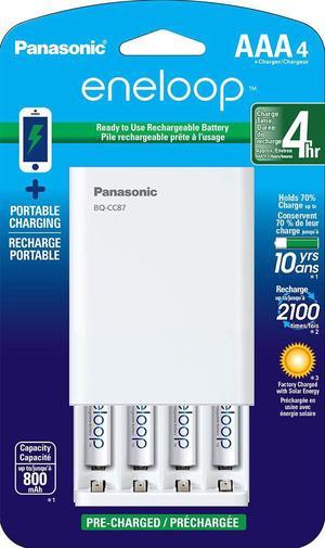 Panasonic K-KJ87M3A4BA Individual Battery Charger with Portable Charging Technology and 4AAA Eneloop Rechargeable Batteries, White