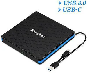 Kingbox External DVD Drive, Portable USB 3.0 Type-C CD/DVD Rewriter Burner Drive for Laptop Desktop PC Computer Windows Linux OS Apple Mac MacBook Pro Air iMac - High Speed Data Transfer - Black