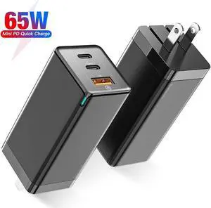 USB C Charger, Baseus 65W 3 Port PD 3.0 [GaN Tech] Type C Fast Charger Adapter Power Delivery Foldable Adapter, USB Wall Charger for MacBook (Black)