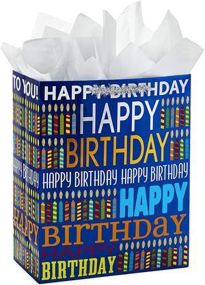 Hallmark 13" Large Birthday Gift Bag with Tissue Paper (Blue Happy Birthday, Multicolored Candles)