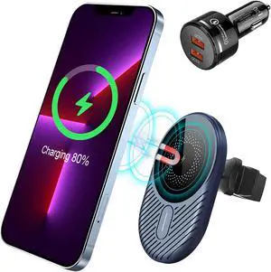 Car Phone Holder Mount, BOCLOUD Magsafe Car Mount Charger, 15W Fast Magnetic Wireless Car Charger for iPhone 13/12 Series, Auto-Alignment Cell Phone Automobile Cradles(with QC3.0 Car Charger)