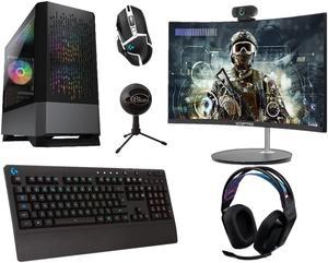Streamer Desktop Bundle | RTX 3060Ti | Ryzen 5600 | Curved Monitor, Webcam & Logitech Keyboard, Mouse, Headset, and Microphone