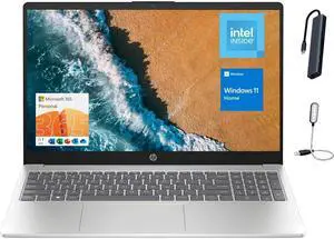 HP 15.6 inch HD Laptop, Intel Processor N200, 8GB RAM, 128GB UFS, Windows 11 Home in S mode, One Year Office 365, Natural Silver, with Mazepoly Accessories