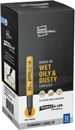 Avery UltraDuty Marks A Lot Permanent Markers, Chisel Tip, Water Resistant, Industrial Grade Ink, 12 Black Markers (29842)