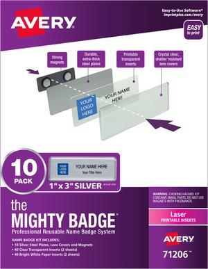 The Mighty Badge, 1x3 Silver, 10 Reusable Name Tags 80 Laser Inserts