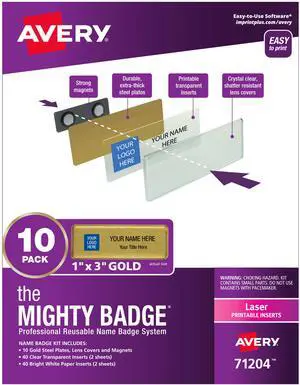 The Mighty Badge, 1x3 Gold, 10 Reusable Name Tags 80 Laser Inserts