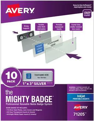 The Mighty Badge 1x3 Silver, 10 Reusable Name Tags 80 Inkjet Inserts