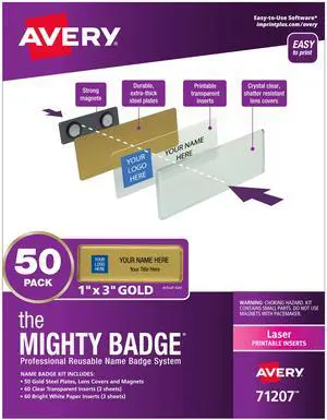 The Mighty Badge, 1x3 Gold, 50 Reusable Name Tags 120 Inkjet Inserts