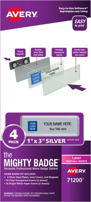The Mighty Badge, 1x3 Silver, 4 Reusable Name Tags, 32 Laser Inserts