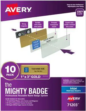 The Mighty Badge, 1x3 Gold, 10 Reusable Name Tags 80 Inkjet Inserts