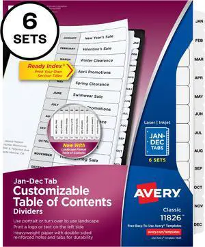 Ready Index Jan-Dec 12 Tab Dividers, Customizable TOC, 6 Sets (11826)