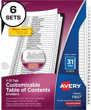 Avery Ready Index 31 Tab Dividers, Customizable TOC, 6 Sets (11827)