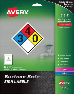 Avery 61513 (7278261513) Surface Safe Sign Labels, 8.00" x 8.00", Removable Adhesive, Water & Chemical Resistant, Pack of 15