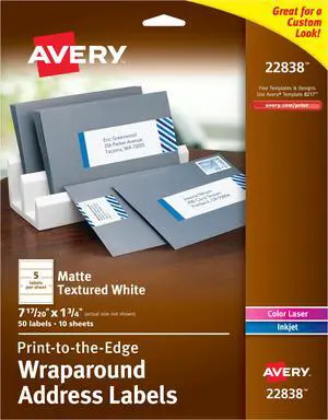 Avery Wraparound Address Labels, Waterproof, Permanent Adhesive, Matte, Rectangle, 7-17/20" x 1-3/4", 50 Labels (22838)