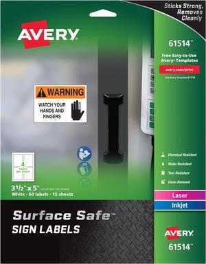 Avery 61514 (7278261514) Surface Safe Sign Labels, 3.50" x 5.00", Removable Adhesive, Water & Chemical Resistant, Pack of 60