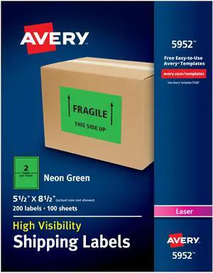 Avery Neon Shipping Label Laser 5 1/2 x 8 1/2 Neon Green 200/Box 5952