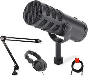 Samson Q9U XLR/USB Dynamic Broadcast Microphone Bundle with Rode PSA1 Studio Boom Arm, Polsen Studio Headphones, and XLR-XLR Cable