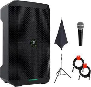 Mackie Thump Go 8" Portable Bluetooth Battery-Powered Loudspeaker Bundle with On-Stage SSA100 Speaker Stand Skirt, Auray Adjustable Speaker Stand, Vocal Mic, and 2x XLR-XLR Cable