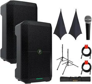 Mackie Thump Go 8" Portable Bluetooth Battery-Powered Loudspeaker (Pair) Bundle with 2x On-Stage SSA100 Speaker Stand Skirt, Auray SS-47S-PB Steel Speaker Stands and Carrying Case, Vocal Mic, and 2x X