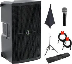 Mackie Thump212 1400W 12" Powered PA Loudspeaker System Bundle with On-Stage SSA100 Speaker Stand Skirt, Auray Adjustable Speaker Stand, Stand Bag, Vocal Mic, and 2x XLR-XLR Cable
