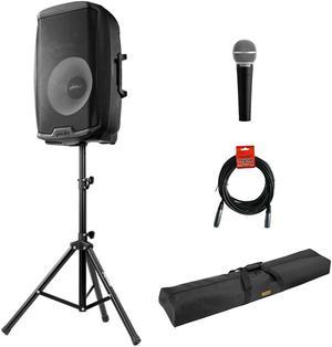 Gemini 2000W 15" Active Bluetooth Loudspeaker with Stand & Mic Bundle with Polsen M-85 Professional Microphone, Auray Speaker Stand Bag 51" and XLR- XLR Cable