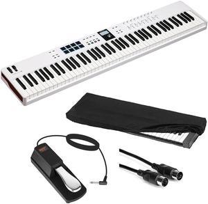 Arturia KeyLab Essential 88 mk3  88 key USB MIDI Controller with Software (White) Bundle with Auray Universal Piano-Style Sustain Pedal, Hosa Black 10' Midi cable and Kaces Keyboard Dust Cover