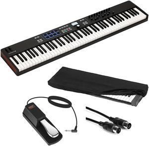Arturia KeyLab Essential 88 mk3  88 key USB MIDI Controller with Software (Black) Bundle with Auray Universal Piano-Style Sustain Pedal, Hosa Black 10' Midi cable and Kaces Keyboard Dust Cover