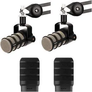 Rode PodMic Dynamic Podcasting Microphone (2-Pack) Bundle with 2x RODE WS14 Pop Filter for PodMic (Black)