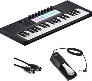 Novation Launchkey Mini 37 MK4 USB MIDI Keyboard Controller (37 Mini Keys) Bundle with Auray FP-P1L Universal Piano-Style Sustain Pedal and Hosa Mid-310 Black 10 ft. Midi cable