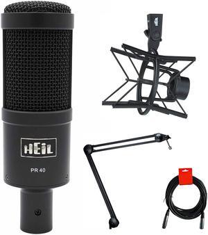 Heil Sound PR40 Large Diameter Dynamic Cardioid Studio Microphone, Black Bundle with Heil Sound PRSMB Shockmount, PL2T Overhead Broadcast Boom Mount, and XLR Cable