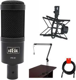 Heil Sound PR40 Large Diameter Dynamic Cardioid Studio Microphone, Black Bundle with Heil Sound PRSMB Shockmount, Two-Section Broadcast Arm, and XLR Cable