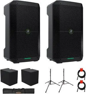 Mackie Thump Go 8" Portable Bluetooth Battery-Powered Loudspeaker (Pair) Bundle with 2x Mackie Thump Go Battery, Auray SS-47S-P Speaker Stand with Case, and 2x 20" XLR-XLR Cable