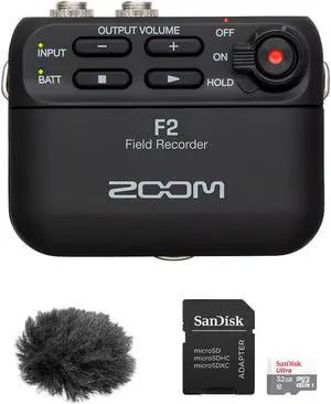 Zoom F2 Ultracompact Portable Field Recorder (Lavalier Microphone) Bundle with 32GB Memory Card & Fuzzy Windbuster