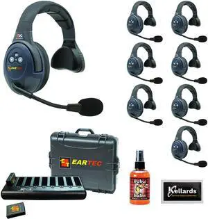 Eartec EVADE EVX8S Full Duplex Wireless Intercom System with 8 Single Speaker Headsets Bundle with Goby Labs Spray for Mics/Headphones and Kellards Screening Cleaning Wipes (5-Pack)
