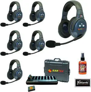 Eartec EVADE EVX6D Full-Duplex Wireless Intercom System with 6 Dual-Ear Headsets (2.4 GHz) with Goby Labs Spray for Headphones and Kellards Cleaning Wipes (5-Pack)