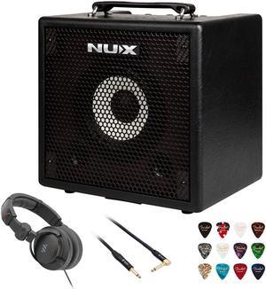 NuX Mighty Bass 50BT Digital Bass Amplifier with Bluetooth Bundle with Polsen HPC-A30-MK2 Studio Monitor Headphones, Kopul 10' Instrument Cable, and Fender 12-Pack Picks
